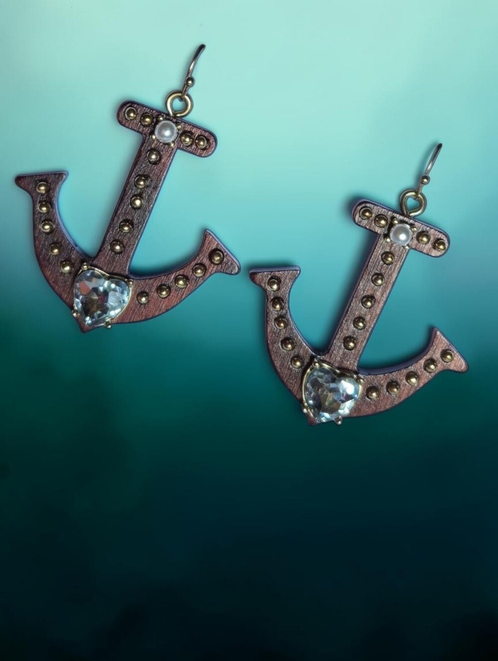 ⚓Betsey ANCHORS AWAY Vintage Wooden Anchor Nautical Hearts & Studs Earrings EPC